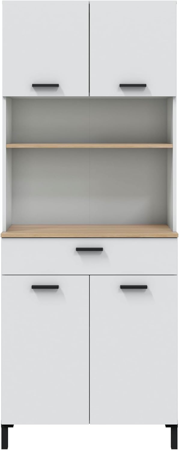 Armario de Cocina Alto con 4 Puertas y 1 Cajón en Blanco y Madera, 185x72x40 cm