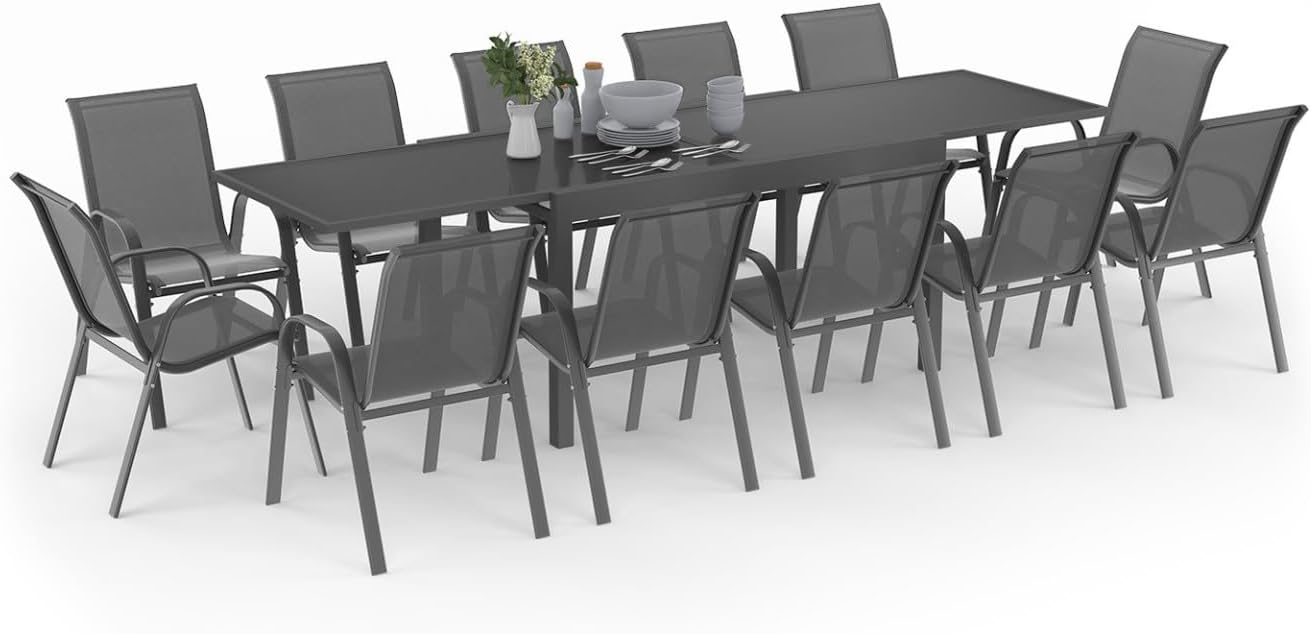 Conjunto de Jardín Madrid, Mesa Extensible 135-270 cm y 12 Sillas Apilables, Gris Antracita