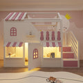 Cama alta para niños 90x200 cm con almacenamiento y escalera segura, diseño de cabaña en blanco y rosa