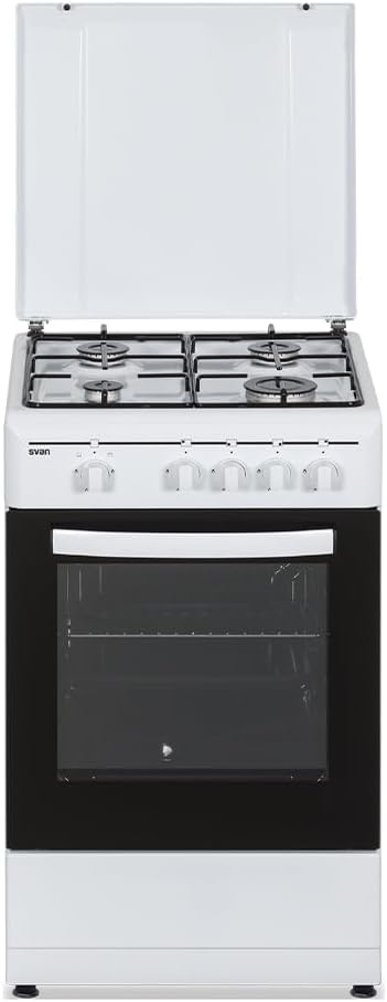 Cocina de Gas Butano Svan 55L con Horno y Grill, 4 Fuegos, Conversión a Gas Natural, Blanco