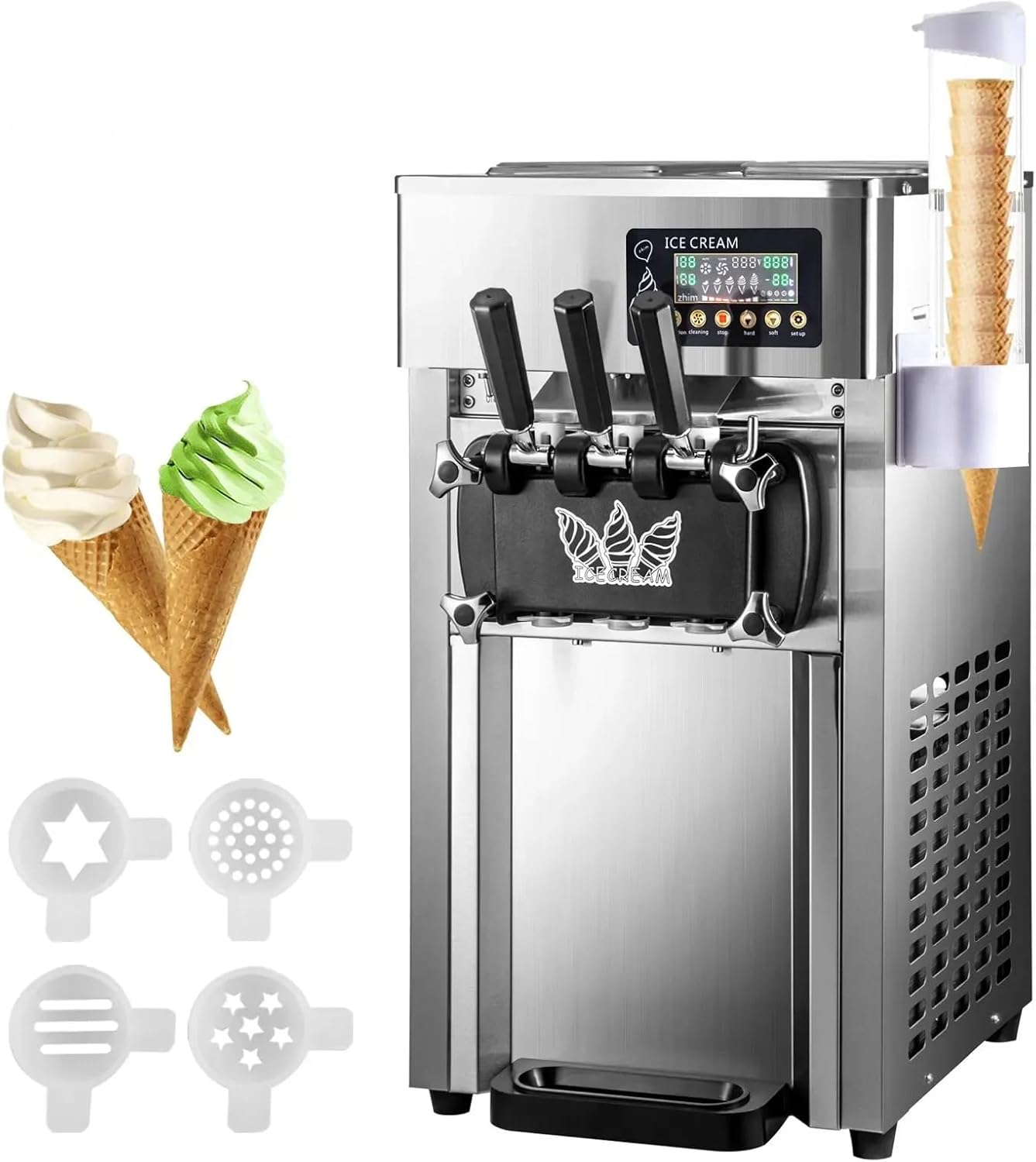 Máquina Comercial de Helados Suaves 18L/h, 3 Sabores, 1200W con Panel LCD y Limpieza Automática