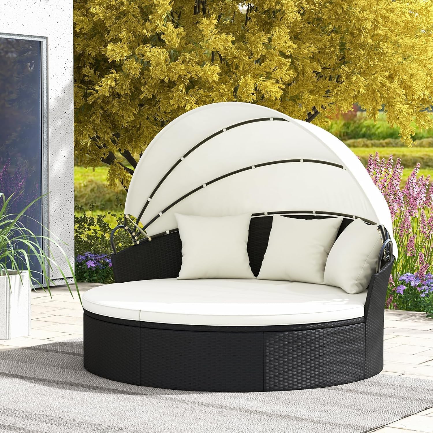 Sofá Cama Redondo de Ratán con Toldo para Exterior, 187 cm, 2-3 Personas, Incluye Cojines