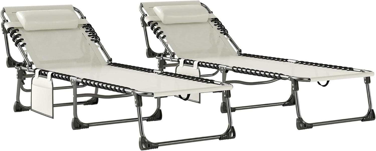 Juego de 2 tumbonas plegables para jardín con reposacabezas, respaldo reclinable y bolsillo lateral, ideal para playa y piscina, color crema