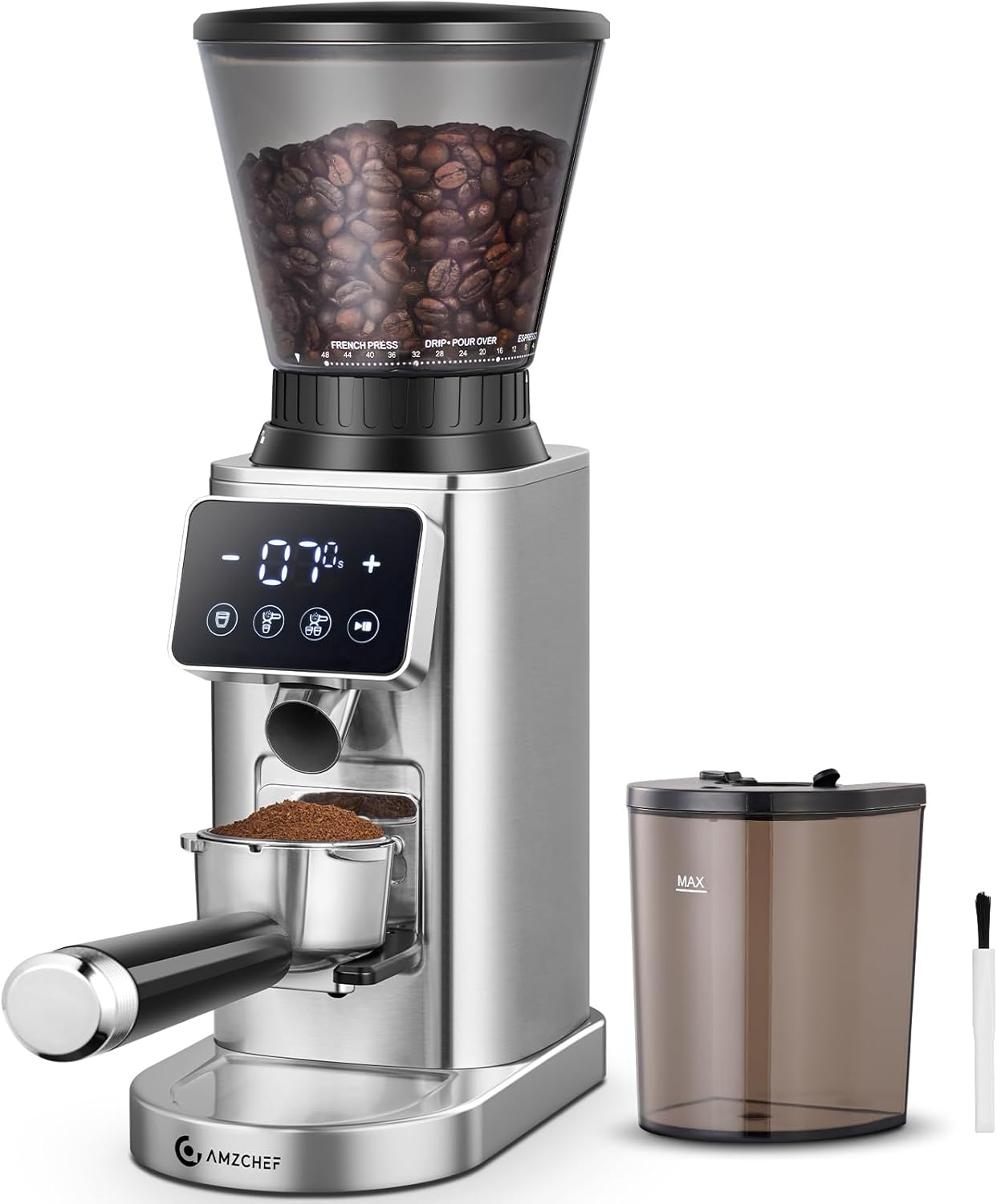 Molinillo de Café Eléctrico AMZCHEF con Ajustes de Molienda, Sistema Antiestático y Pantalla LCD