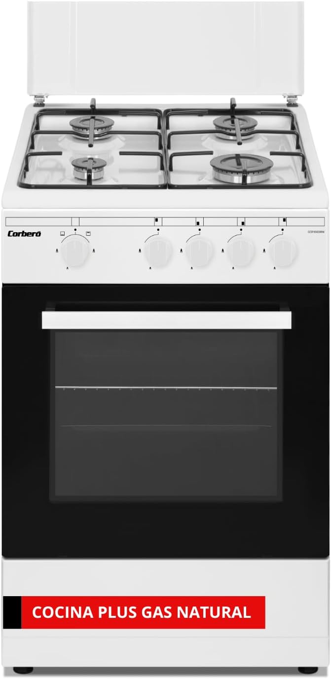 Corbero - Cocina a Gas Natural 50cm, 4 Quemadores, Horno 43L, Blanco