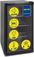 Mini Nevera METRO Professional con Puerta de Cristal, 88L, Negra, Eficiencia Energética, Estante Ajustable para Hostelería