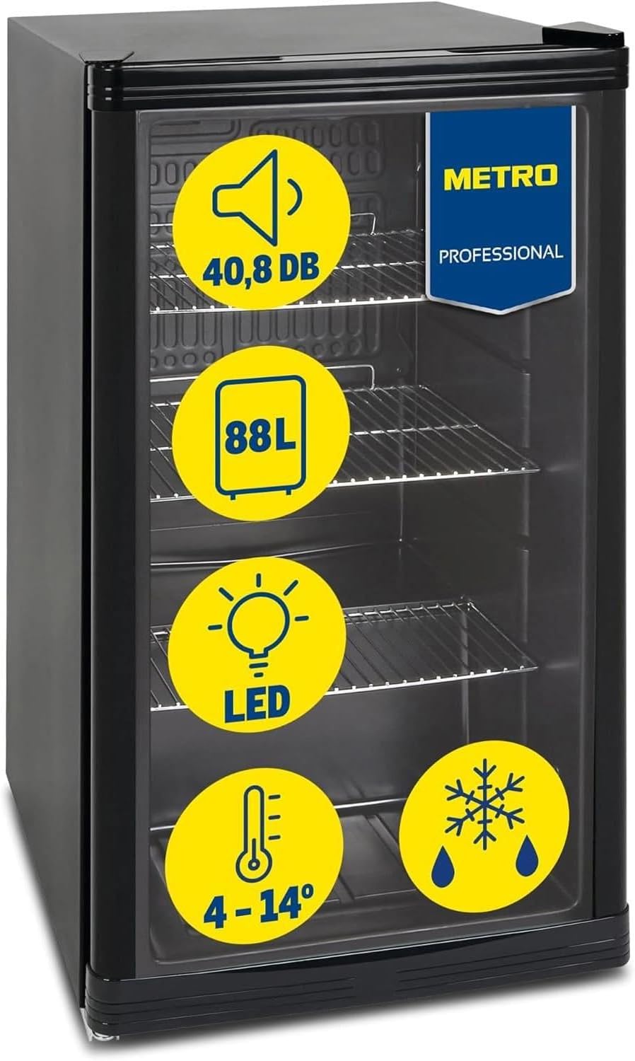 Mini Nevera METRO Professional con Puerta de Cristal, 88L, Negra, Eficiencia Energética, Estante Ajustable para Hostelería