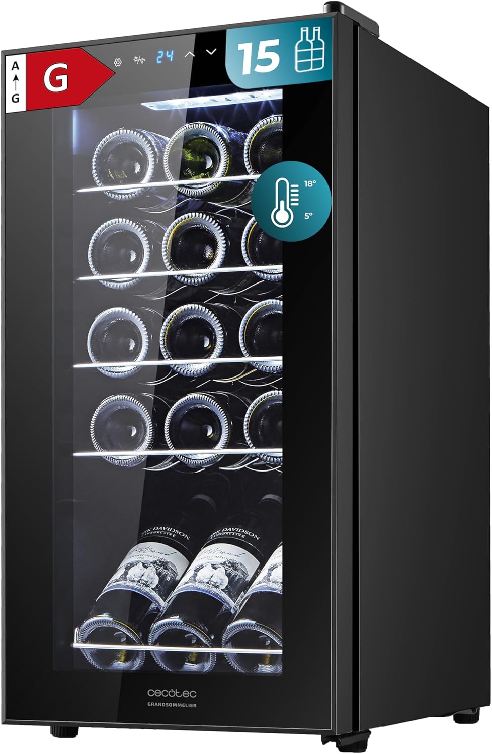 Enfriador de Vino Cecotec Bolero Grandsommelier 1550, Capacidad para 15 Botellas, Compresor Silencioso