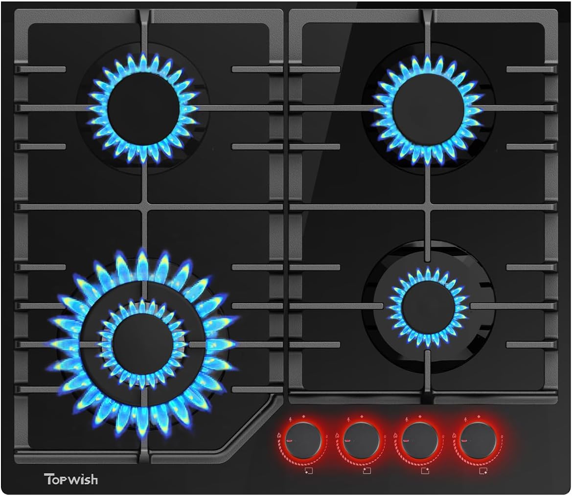 TOPWISH placa de cocina 4 fuegos, convertible NG/LPG, encendido eléctrico, seguridad integrada, 8000W, 60cm
