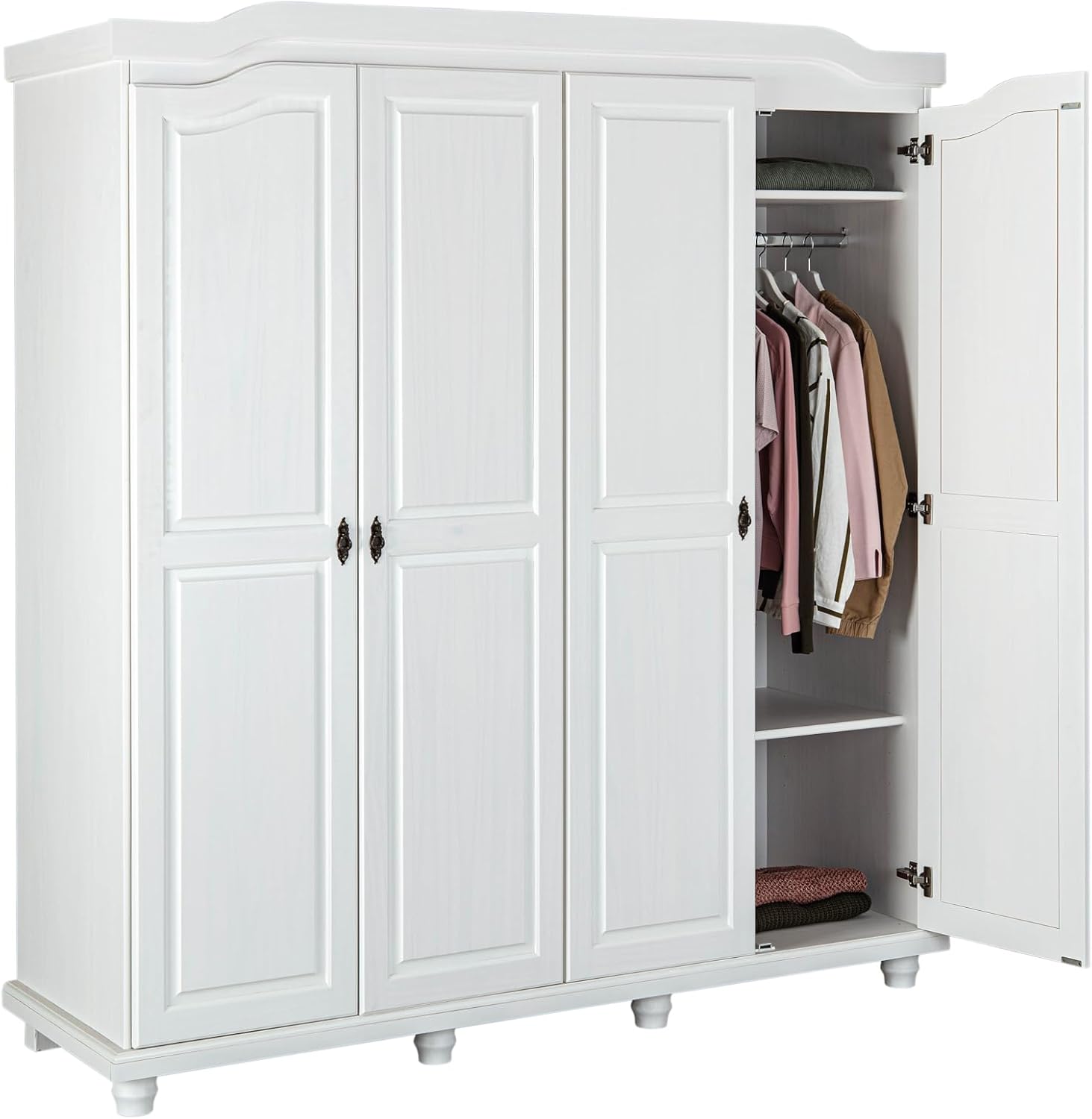Armario Grande de Pino Macizo 183cm x 60cm x 198cm, 4 Puertas y 4 Compartimentos, Barniz Blanco